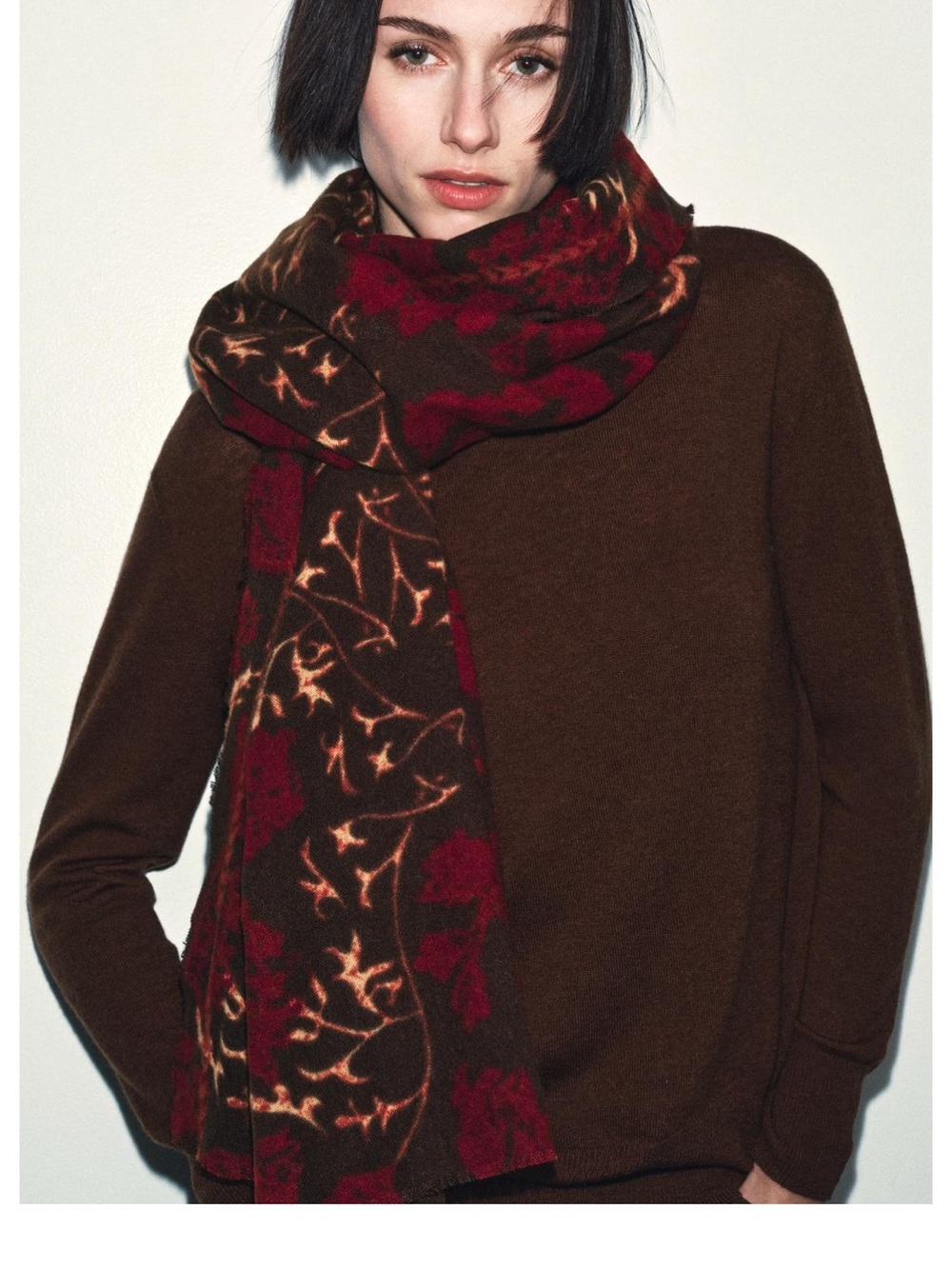 Zara Cozy Floral Print Scarf in Burgundy and Brown - Women Accessories